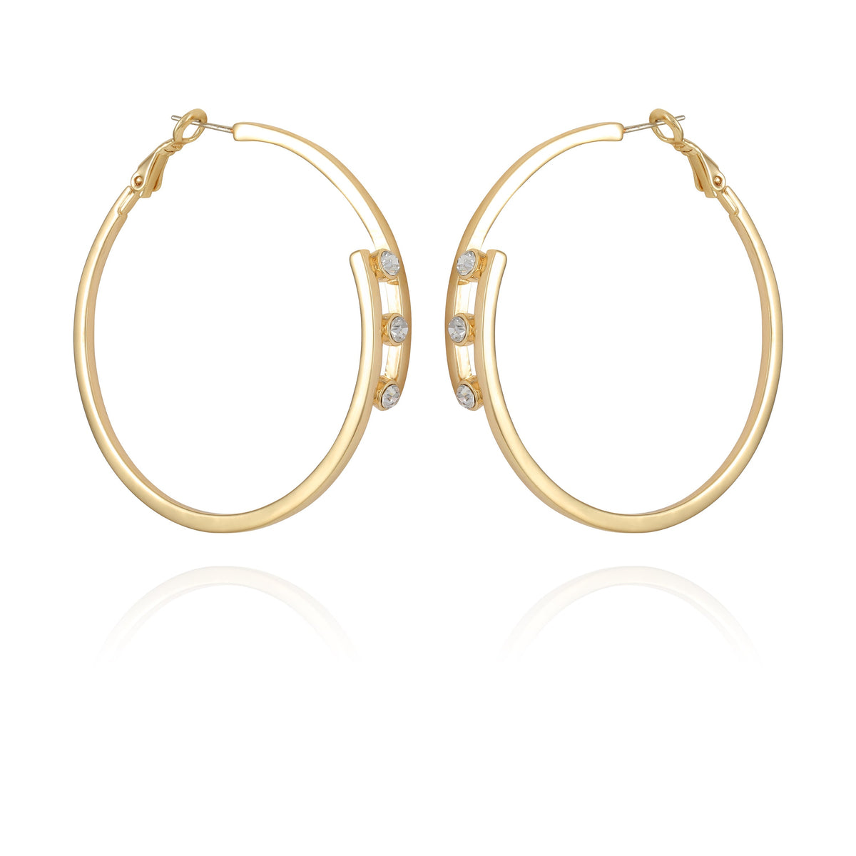 14K Goldtone Tri-Crystal Stone Hoop Earring