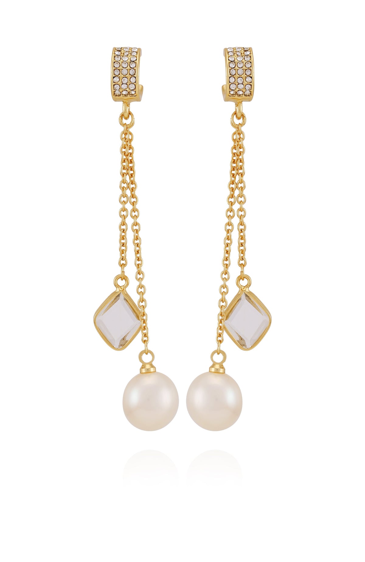 Goldtone Dangle Earrings With Pearl Crystal Drop