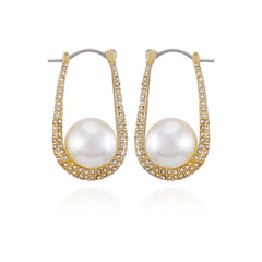 Goldtone Crystal Stone Pearl Hoop Earrings